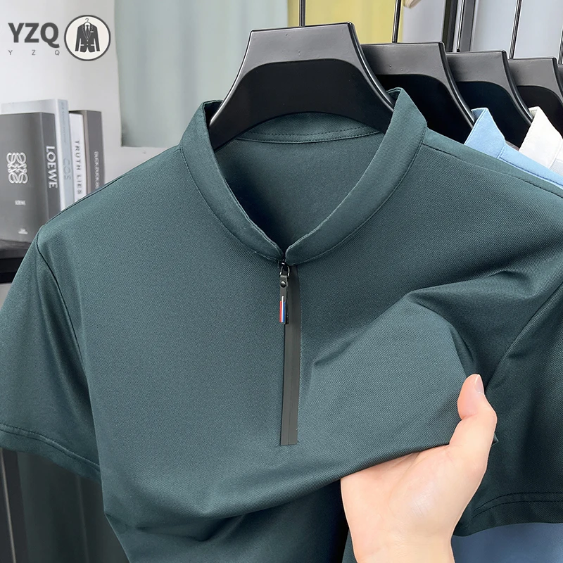 Herren Basic Halbzip-Stehkragen-Shirt Kurzarm Eisseide Leichtes Atmungsaktives Sommer-Oberteil