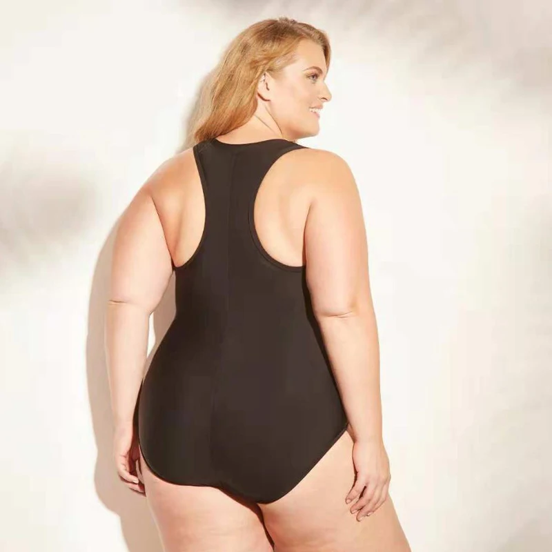 Black Strapped Plus Size Swimwear Women Zipper Push Up Large One Piece Swimsuit Beach Chubby Big Bathing Suit