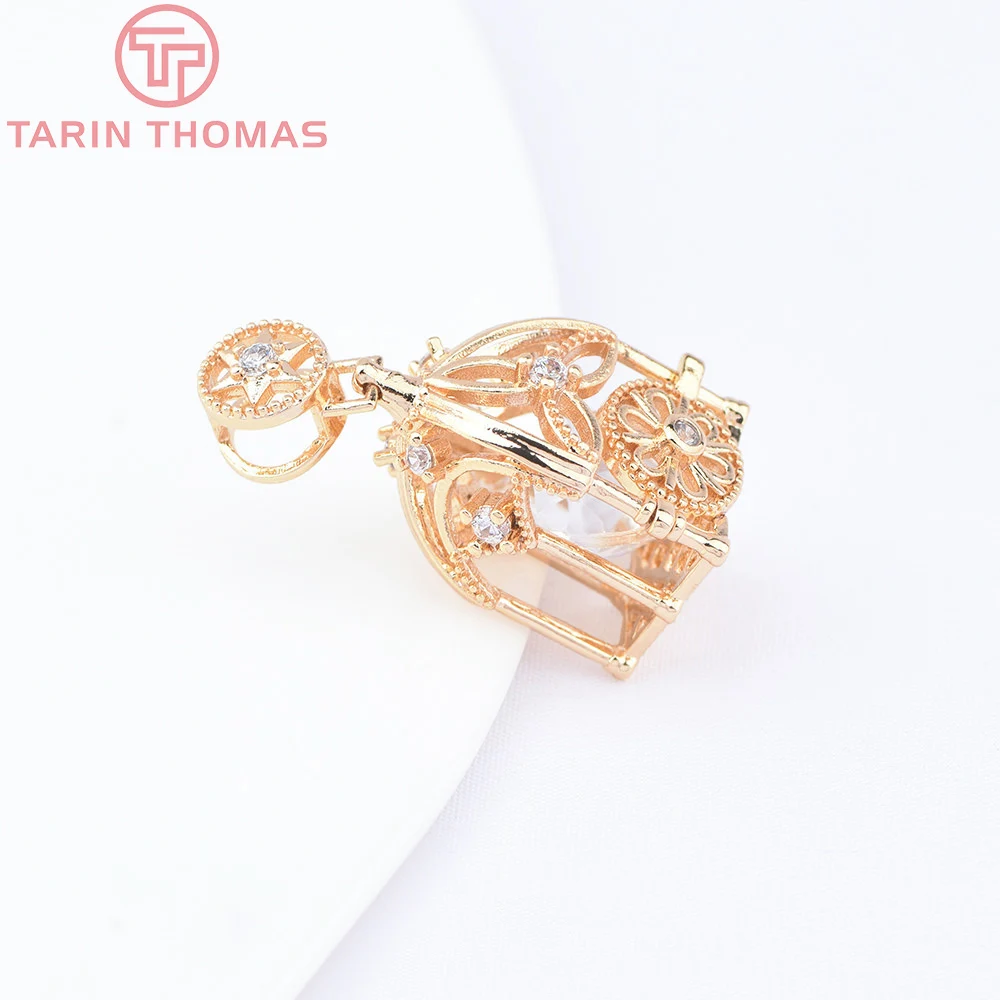 (8952) 4PCS 14x28MM 24K Gold Color Brass with Zircon Hollow out Birdcage Shaped Pendant High Quality Diy Jewelry Making Finding