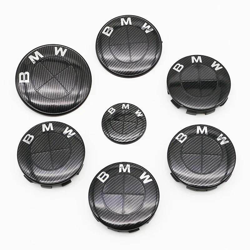 

7Pcs Fiber All Black Car Wheel Center Caps Hub Cover Badge Auto Hood Front Rear Trunk Emblem For BMW E30 F06 X5G05 E61 F16 G15