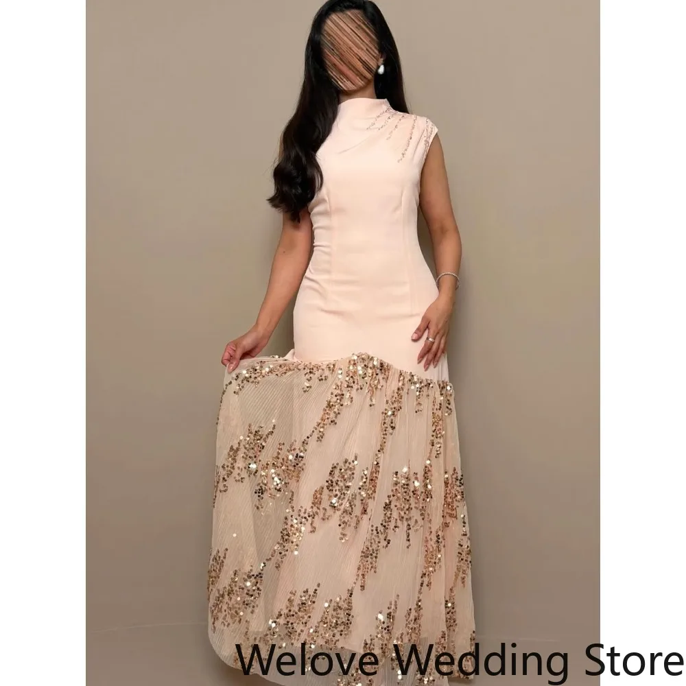 Pink Formal Evening Dress with High Neck, Asymmetric Cap Sleeve, Fitted Crepe Bodice, Diagonal Gold Sequin Embellishments