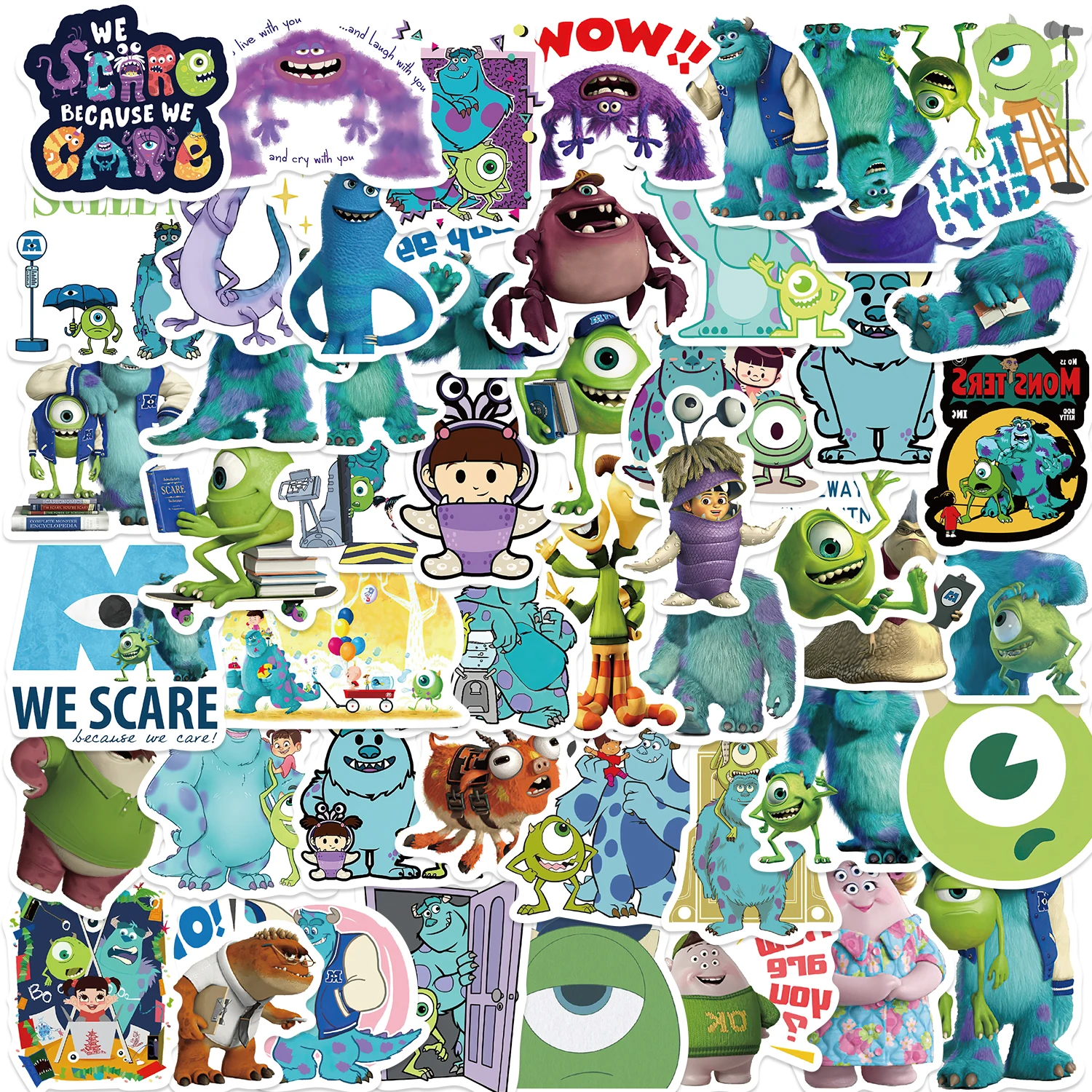 Disney-pegatinas impermeables de Monster Inc, 50 piezas, para cuaderno, teléfono, monopatín, portátil, casco, coche, regalos, calcomanías de dibujos