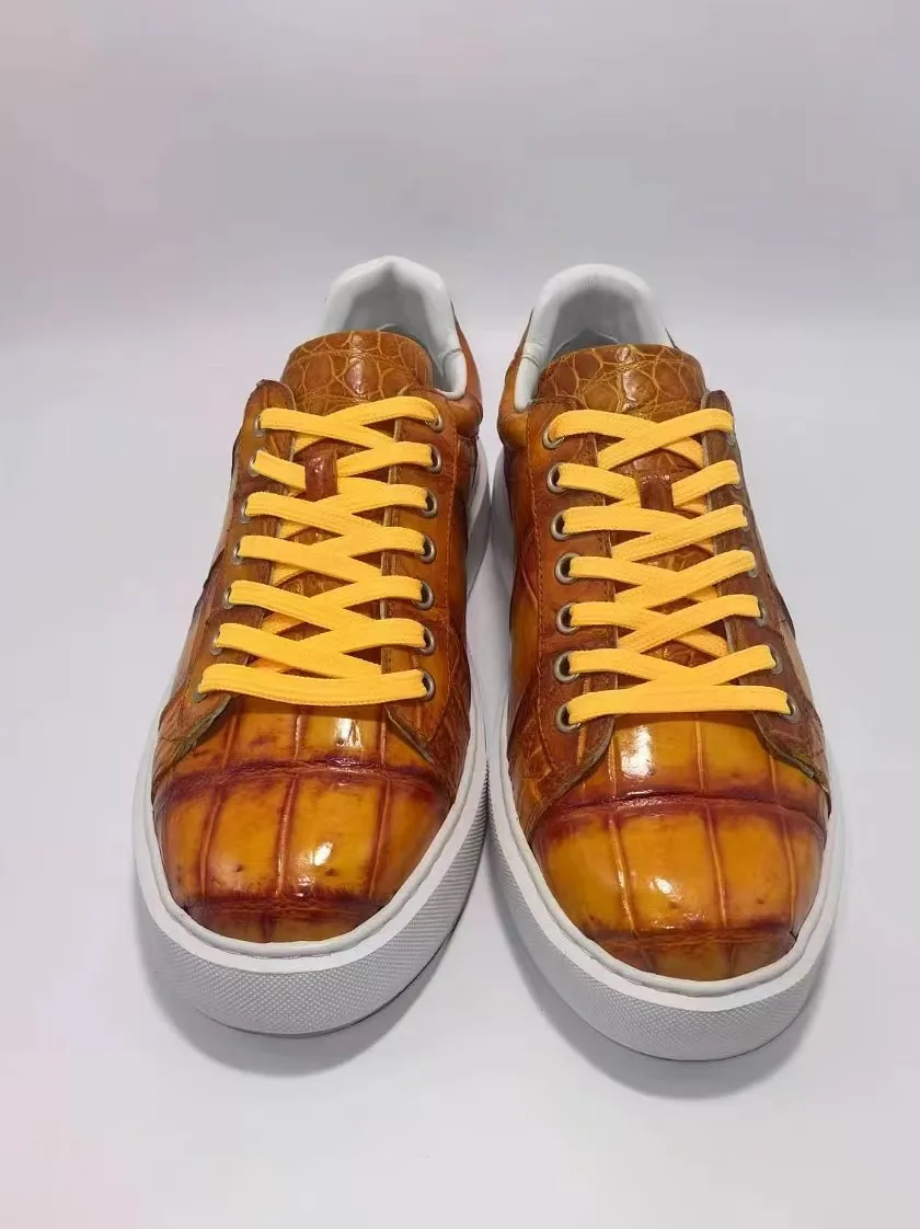 

Мужские оксфорды из 100% натуральной крокодиловой кожи, коричнево-желтого цвета, кроссовки из кожи аллигатора, серого цвета.