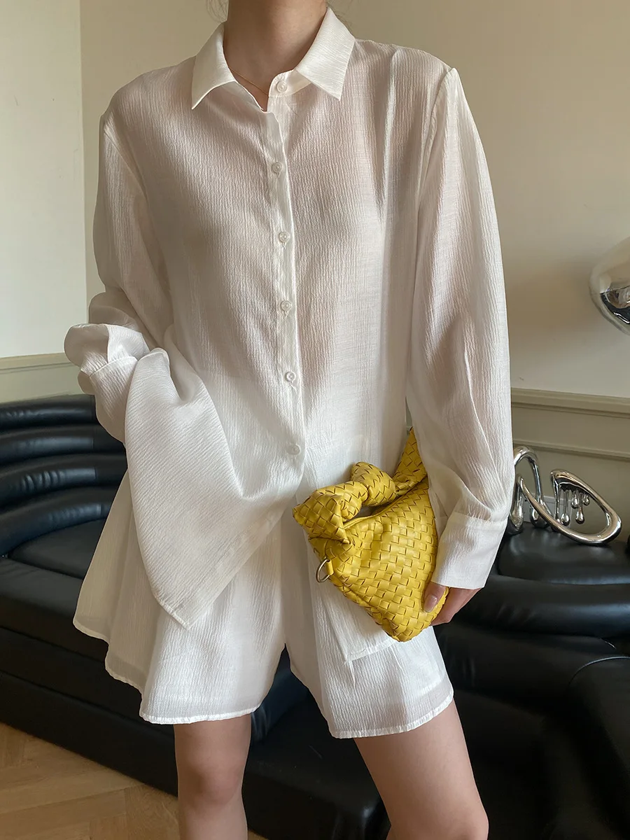 

2025 Summer Women's Casual Solid Color Shorts Suit Lapel Collar Long Sleeved Loose Shirt+high Waisted Loose Shorts 2 Piece Set