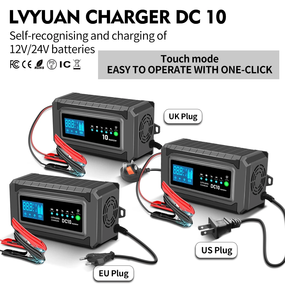 Intelligent Multi-voltage Fast Charging 12V/24V Car Battery Charger AC 110 220V Power Supply Wet and dry lead-acid Battery