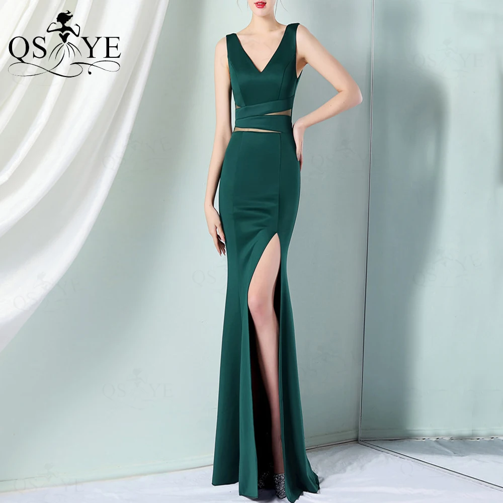 

Simple Green Evening Dresses V neck Stretchy Sheath Prom Gown Beading Open Back Straps Party Dress Hollow out Split Formal Dress