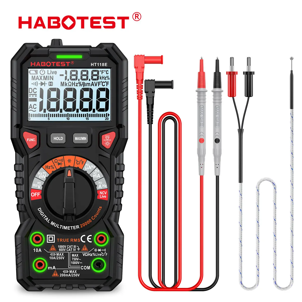 HABOTEST HT118 Digital Multimeter AC/DC NCV Counts Professional Multimeter Auto Range Ture RMS Voltage Current Ohm Hz Tester