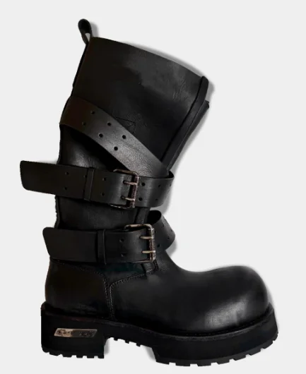 Street Style Black Round Toe Belt Buckle Platform Knee-High Women Boots Chunky Middle Heels Buckle Strap Design Large Size Shoes