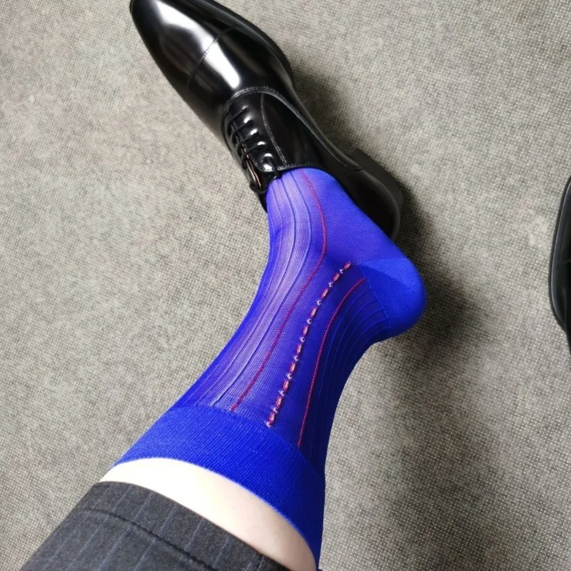 Vintage Jacquard Nylon Socks for Men Stripe Classic Royal Blue Business Formal Dress TNT Socks Man Sexy Thin Soft Mid Tube Socks