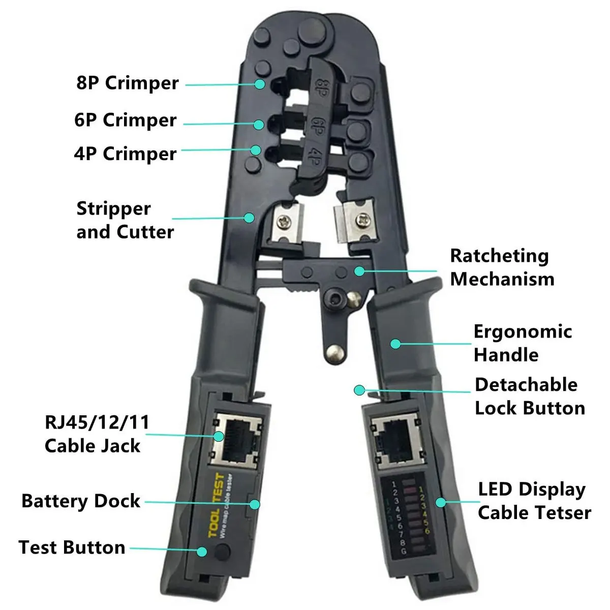 ZoeRax [All in One Cable Tester Crimper] for RJ45 RJ12 RJ11 Modular Plugs Network Connectors Strip Cut Test and Crimp Tool