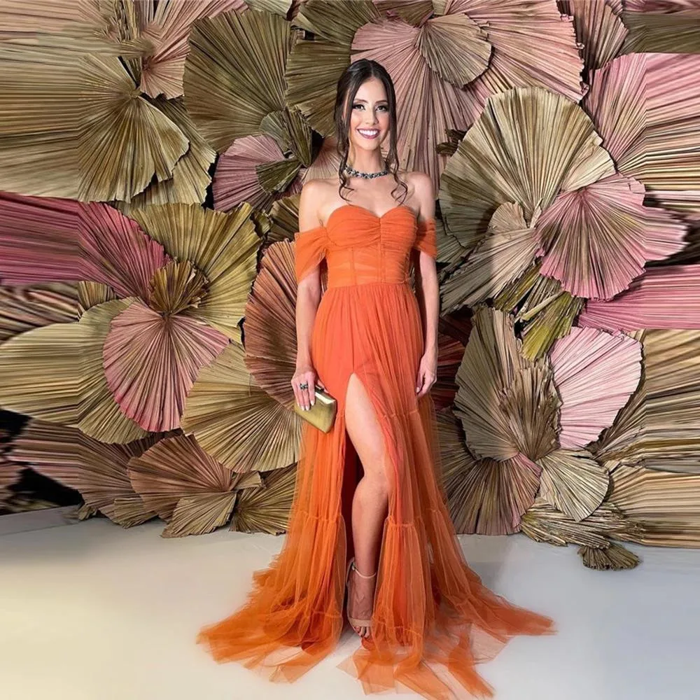 

Vinca Sunny Orange Tulle Long Prom Dresses 2023 Ssweetheart Off Shoulder Side Slit Women Party Evening Gowns Sexy Robe de Soiree