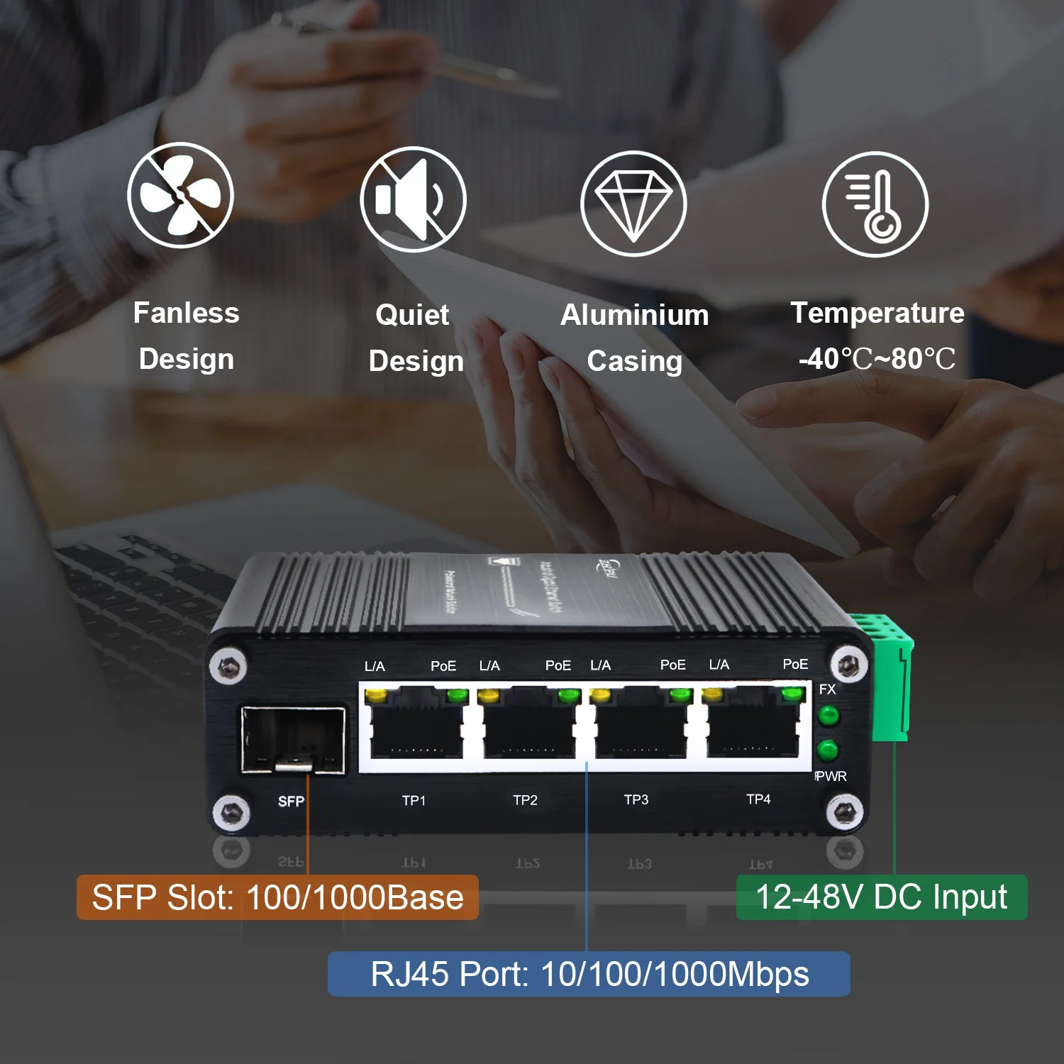 Switch PoE Gigabit óptico industrial de 2/3/4/5 portas 30W com slot SFP, IEEE802.3af/at, entrada 12-48VDC, saída PoE 48V, Rai Din