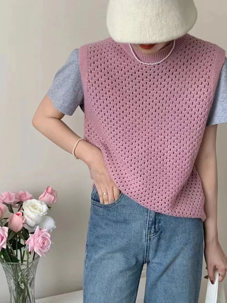 Sweater Vests Women Solid Hollow Out All-match Autumn Knitting Simple Thin O-neck Retro Fashion Loose Lady Streetwear Female