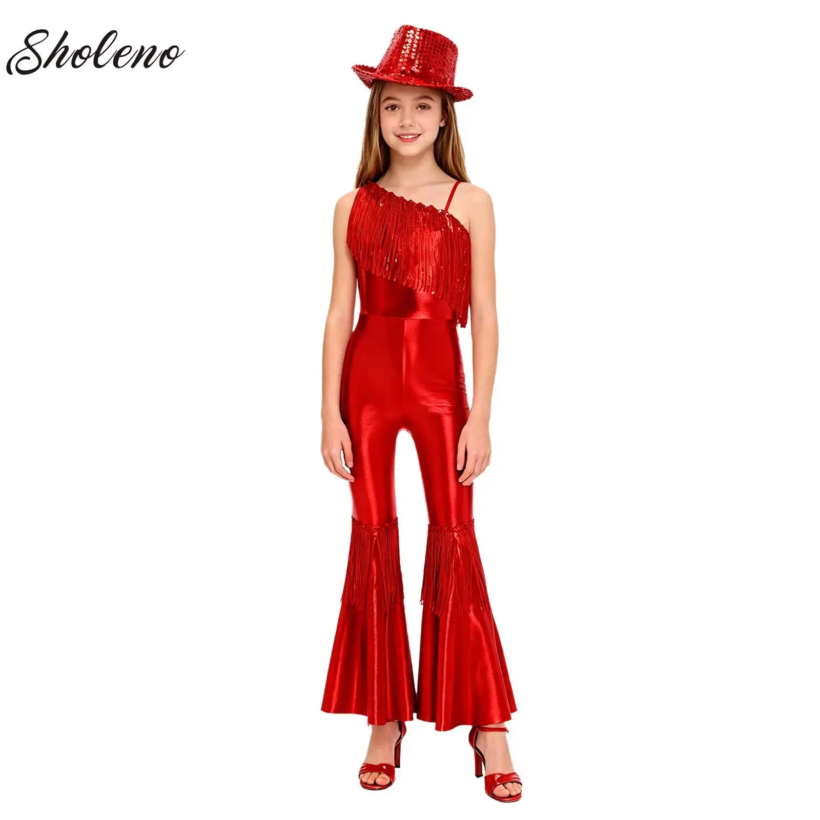 

70S Jazz Disco Vintage Hippie Costume Outfit for Kids Girls Sequins Flared Jumpsuit with Fedora Hat Jazz Dancewear Party Costume
