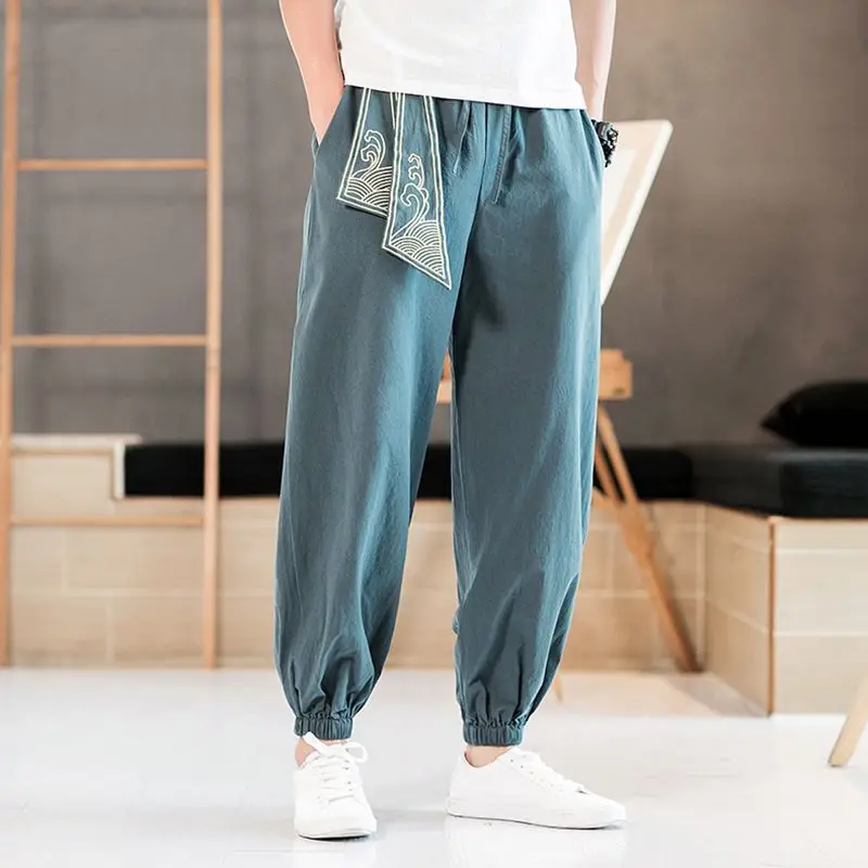 2023 New Spring and Autumn Chinese Style Embroidered Linen Sports Loose Casual Korean Version Trendy Men\'s Feet Cropped Pants