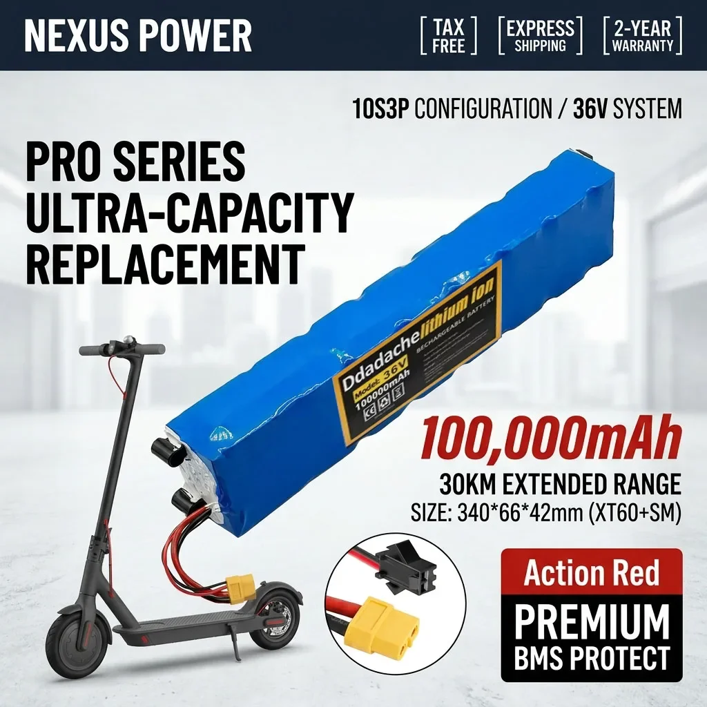 Batterie au lithium rechargeable 36V 100000mAh 10S3P avec BMS intelligent, moteur haute puissance 250W-1000W, adaptée au remplacement de la batterie de scooter électrique