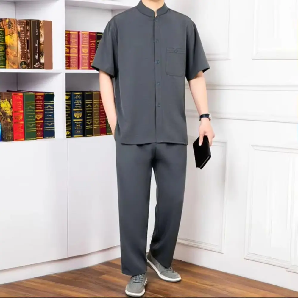 2025 Men Suit Comfortable Breathable Suit for Men Men's Casual 2-piece Suit Set with Stand Collar Shirt Elastic for Leisure