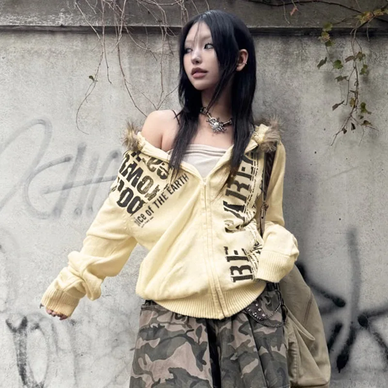 

Autumn Winter Vintage Harajuku Sweatshirt Women Punk Gothic Lettes Printed Fur Collar Loose Zip Up Hooded Coat Streetwear Y2k