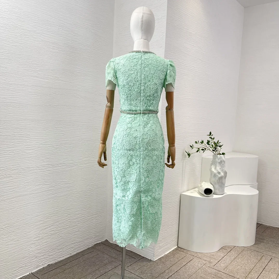 2024 New Mint Green Short Sleeve Lace Patchwork Square Neck Diamond Chain Decoration Slim Fit Women Midi Dress