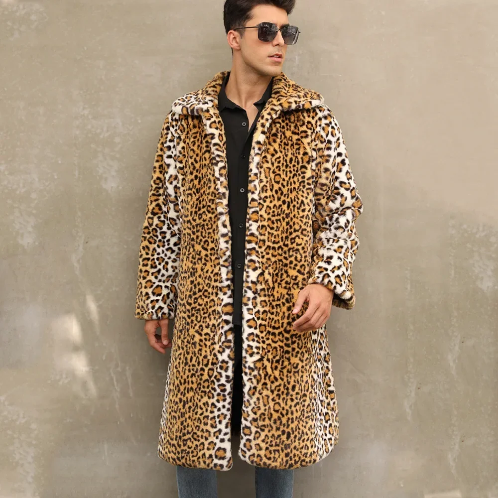 Winter Men's Warm Faux Fur Long Coat Leopard Leisure Shaggy Fur Long Jackets Thick Fluffy Luxury Bontjas Outerwear 2023