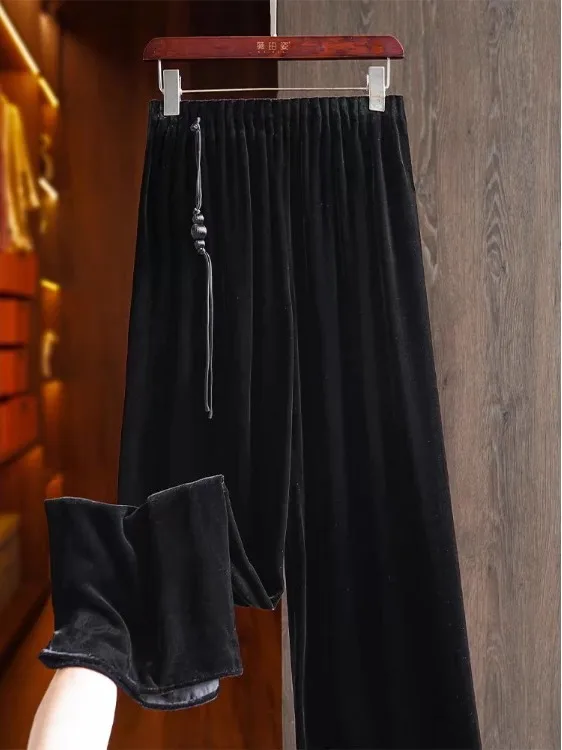 

Бархатные брюки-палаццо Ele, однотонные, прямого кроя, струящиеся, в национальном стиле, осенние, новые, свободные, длинные, в китайском стиле