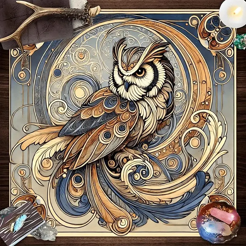 Tarot Altar Cloth Art Nouveau Golden Owl Crescent Moon Floral Divination Mat for Wiccan Tarot Reading Spiritual Astrology Decor