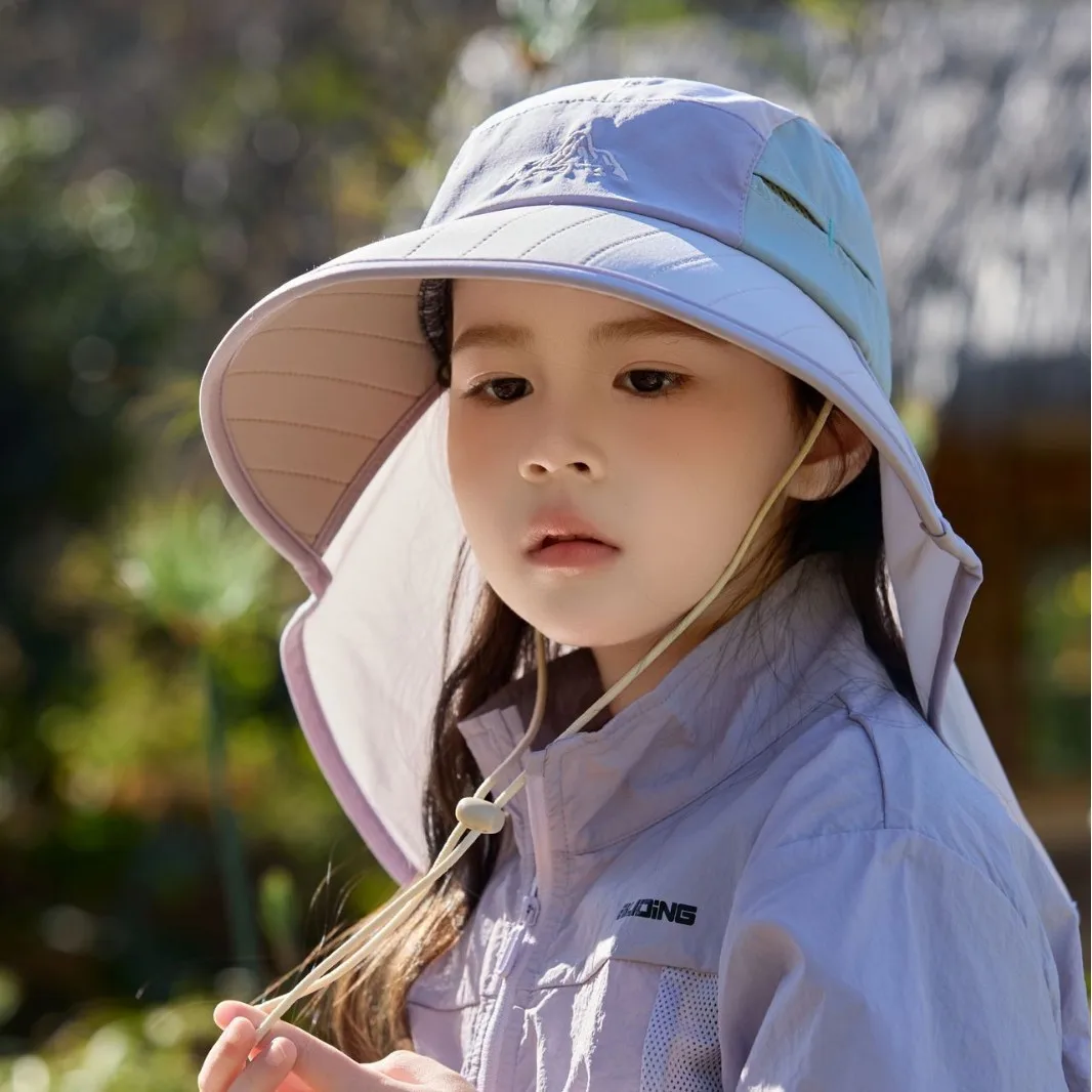 

Kids Sun Hat with Neck Flap Stylish Embroidery Contrast Color Foldable Wide Brim Beach Cap