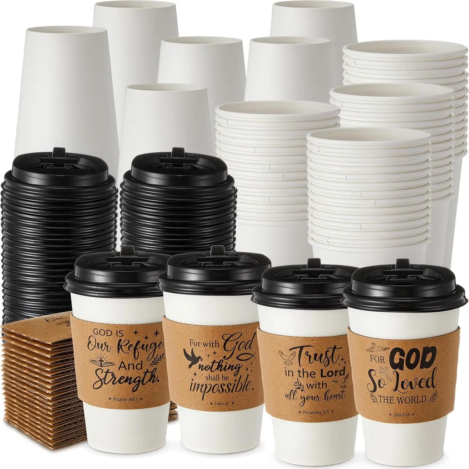 

100 Set 12oz Christian Coffee Cups with Lids and Sleeves Disposable Bible Verse Paper Hot Cups for Religious Party Favor