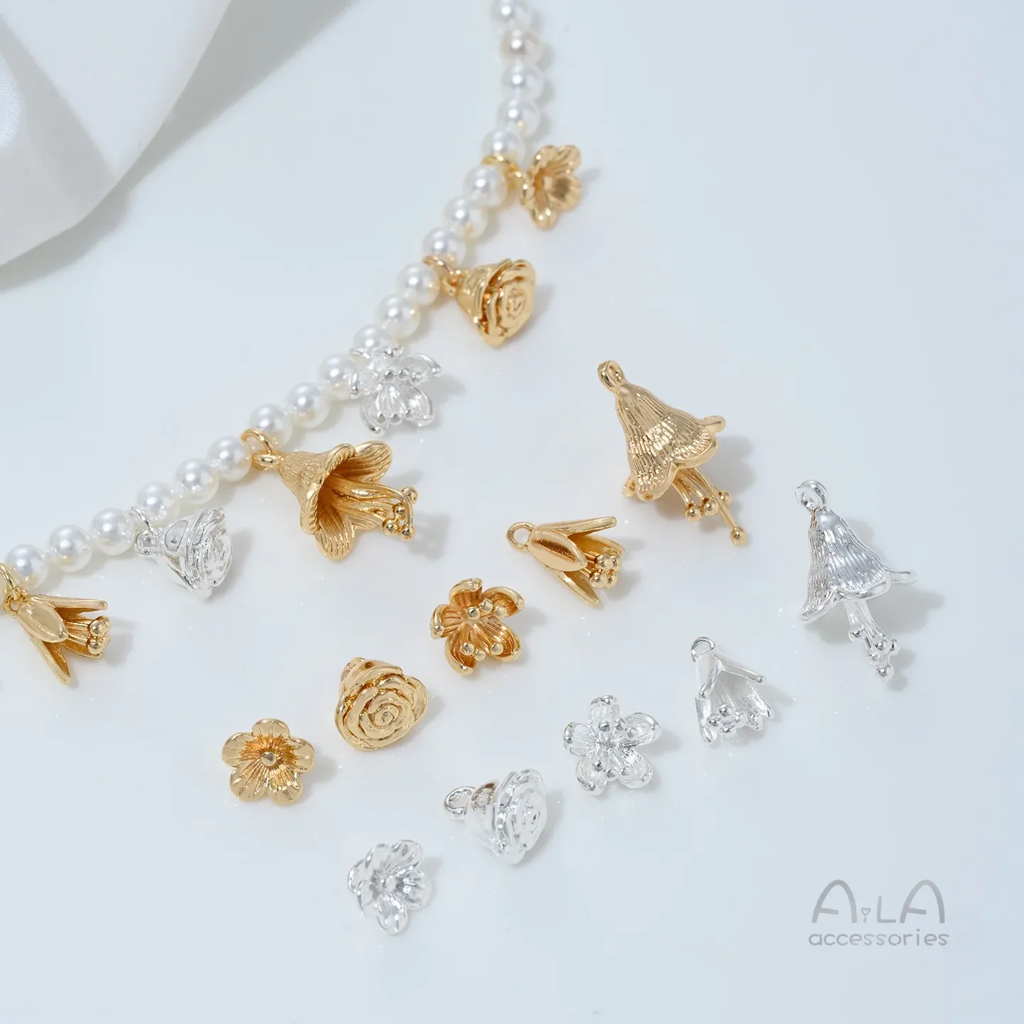 

G913 Silver 14K Genuine Gold Lily, Rose, Cherry Blossom Pendant, Diy Handmade Bracelet, Necklace Accessory Material