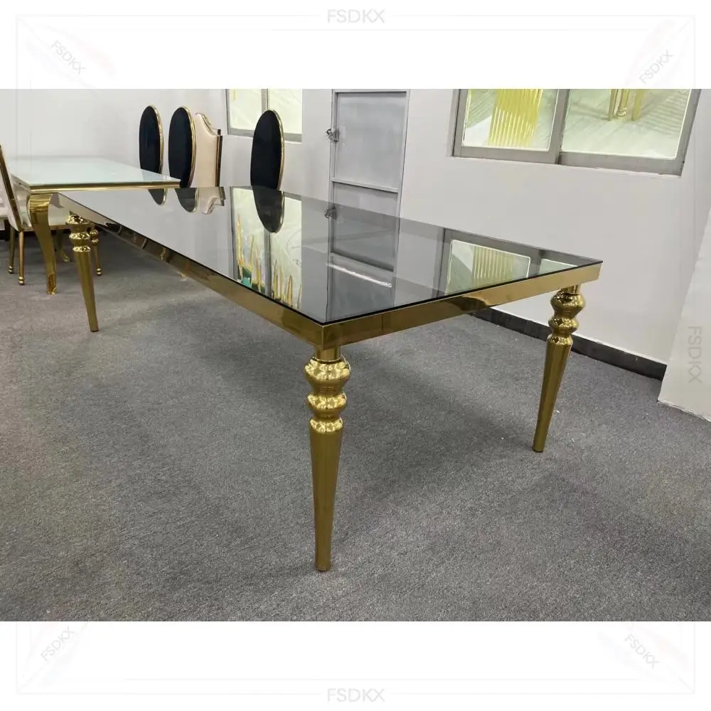 

FSDKX Luxury Design Mirror Glass Top Rectangle Event Table Wedding Furniture Gold Stainless Steel Event Hotel Dining Table Sets