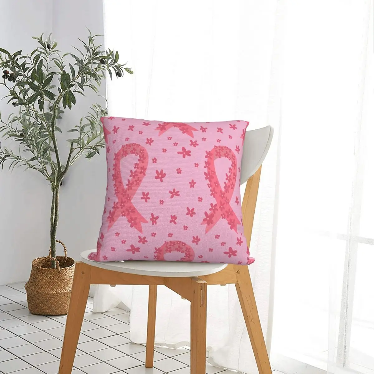 Pink Ribbon Pillowcase Polyester Cushion Cover Gift Breast Cancer Awareness Pillow Case Cover Home Zippered 45*45cm