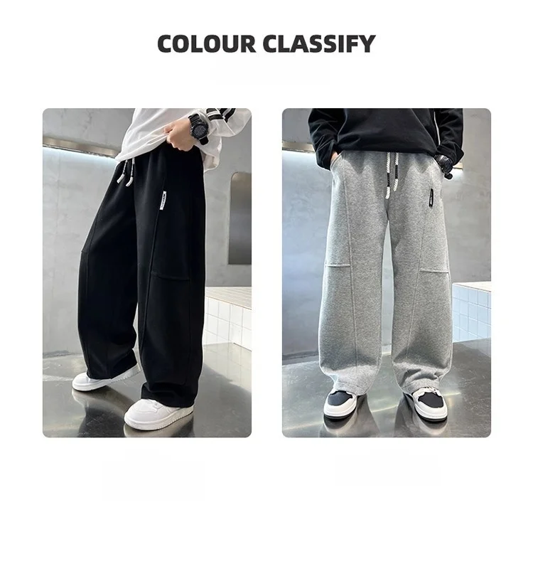 2026 Neue Frühlings-Freizeithose für Kinder, Schwarze Jogginghose mit Elastischem Bund und Geradem Bein für Jungen, Lockere Hose mit Taschen – Detail 4