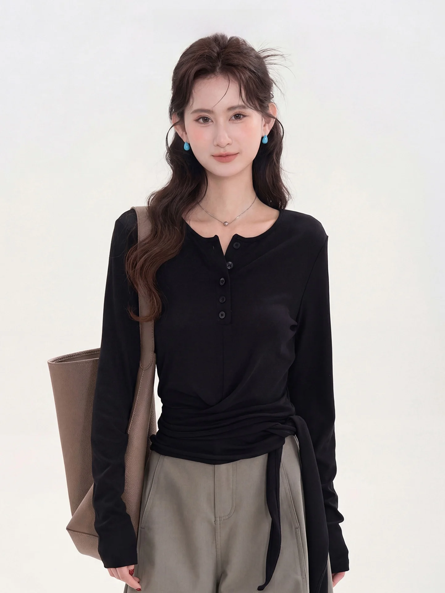

Original Heme Long Sleeve Waist-Cinching Half Button T-Shirt Women's Slim Fit Casual Style Cotton Blend Spring Summer Top