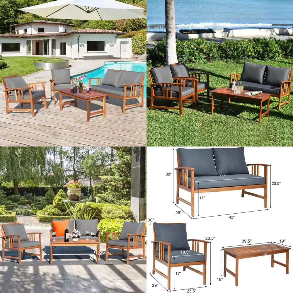 

4-Piece Acacia Wood Outdoor Patio Furniture Set with Gray Cushions and Back Pillows for Conversation Area