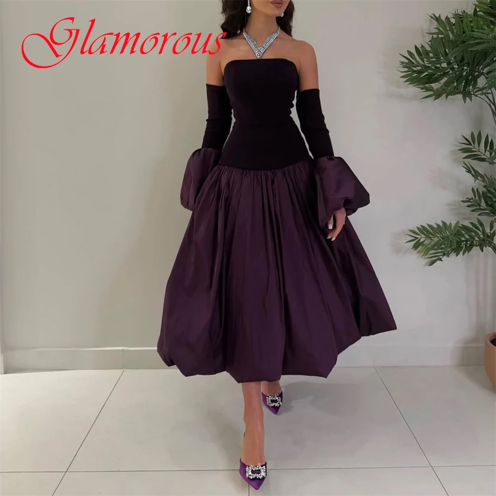 사용자 정의 보라색 저지 이브닝 드레스 절묘한 Strapless 분리형 슬리브 홈 커밍 드레스 클래식 지퍼 백 칵테일 드레스