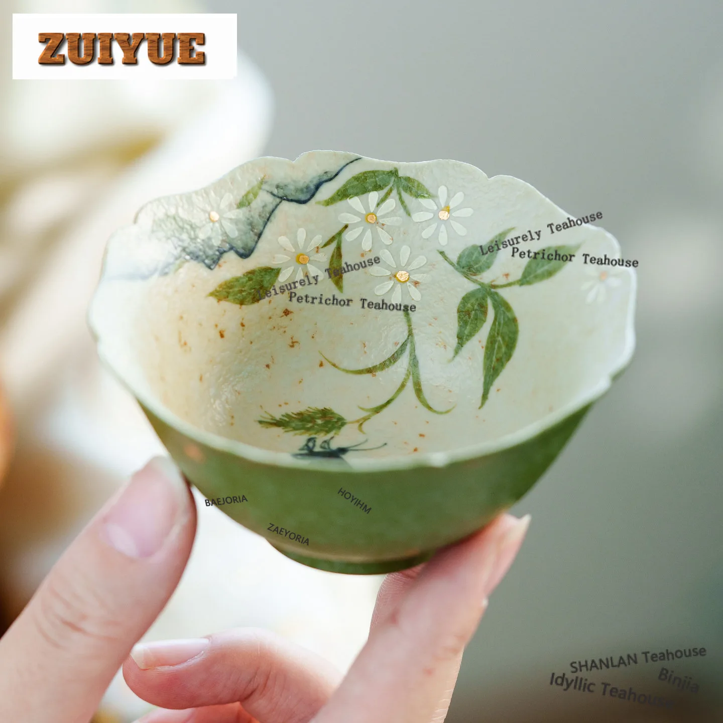 HOYIHM 70ml Citrus Green Sprinkle Gold Hand Painted Daisy Teacup Zen Tea Bowl Mug Tea-tasting Fragrance Cup Chazhan Master Cups