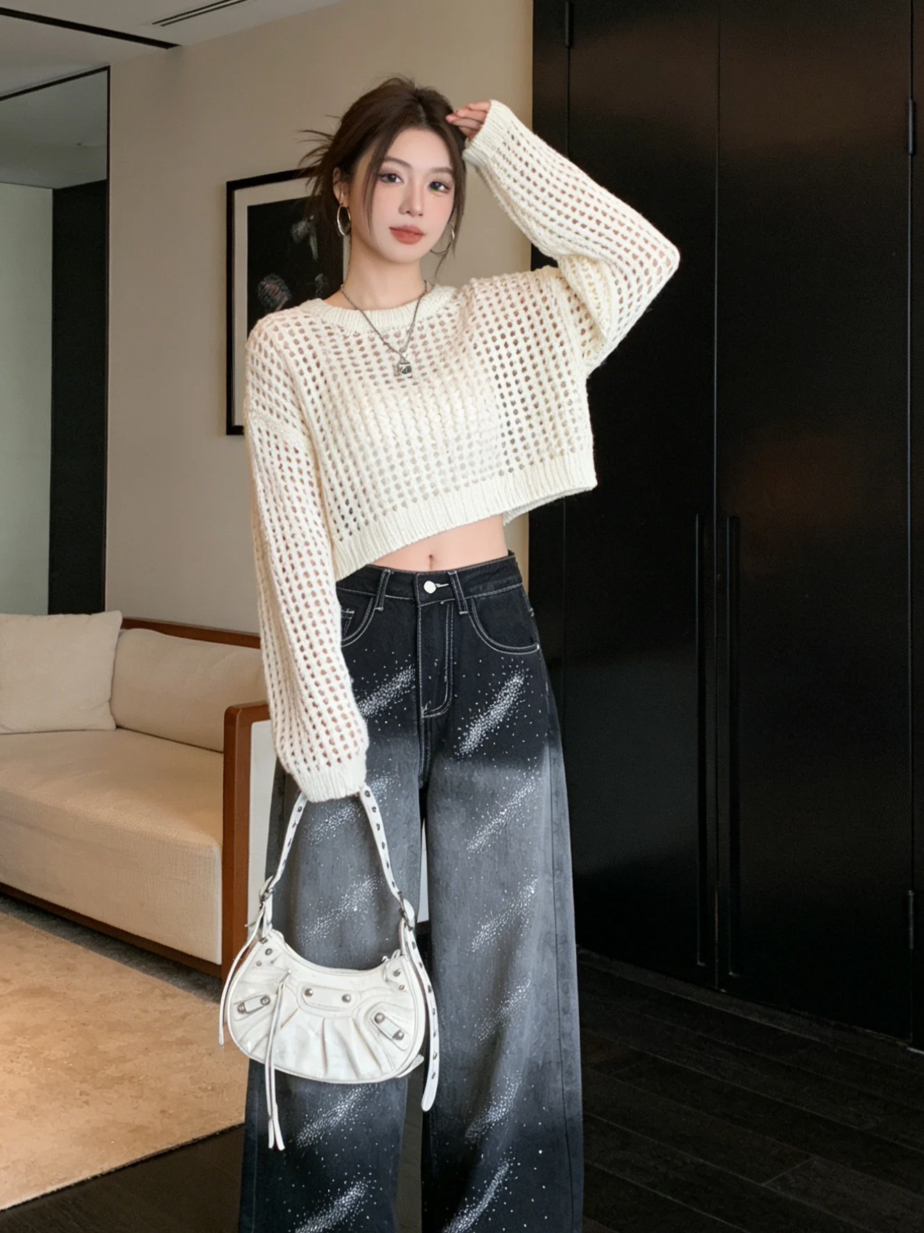 

Korean Sle High Waist adient Rhinestone Wide Leg Jeans Versatile Early Spring Vintage Floor-Length Pants Breathable Comfo...