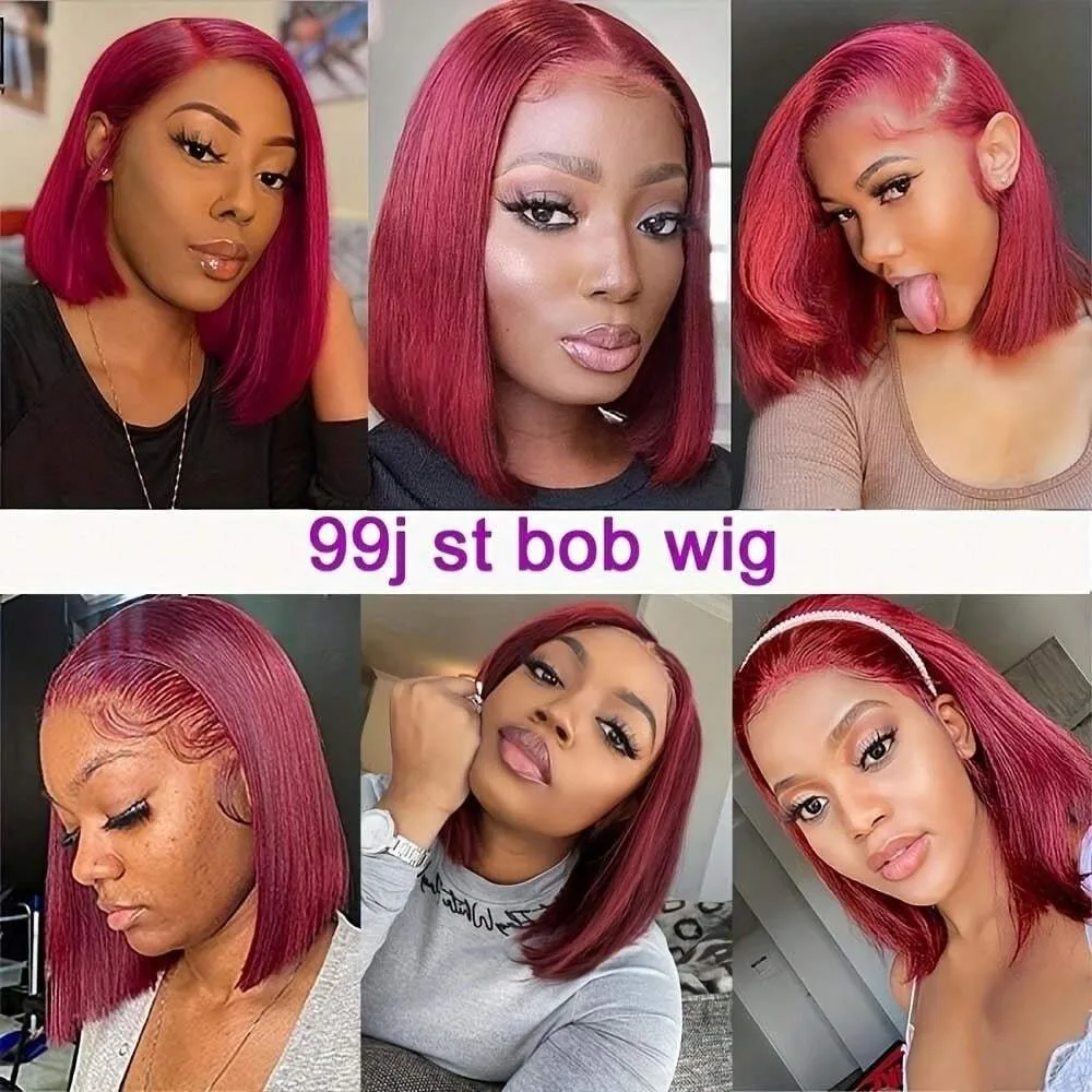 99J Бордовый Прямой Боб Парик Фронта Шнурка 13x4 Hd Парики Фронта Шнурка Человеческих Волос Плотность 200 Красный Цвет Короткий Боб Бразильские Волосы