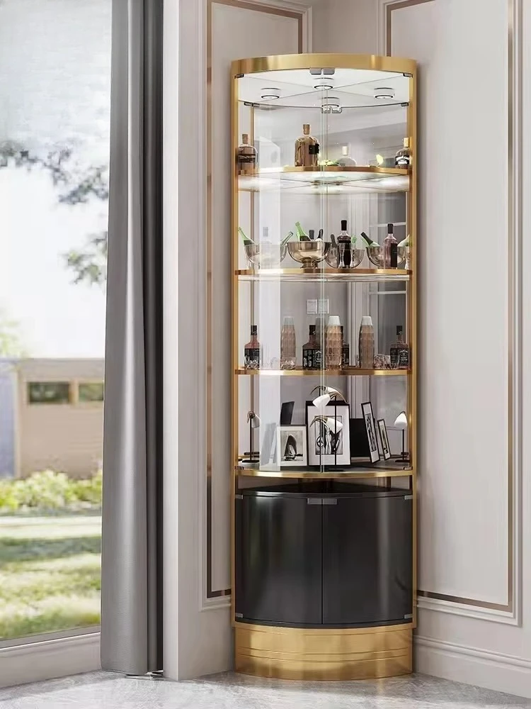 

Modern Living Room Stainless Steel Metal Frame Wine Display Cabinet Luxury Glass Corner Bar Wine Storage Cabinet WB001