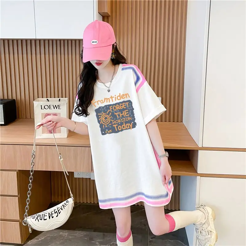 2024 New Summer Thin Loose Ladies O-neck Pullovers Mid Length Version Young Style Short Sleeve Tops Patchwork Striped T-Shirts