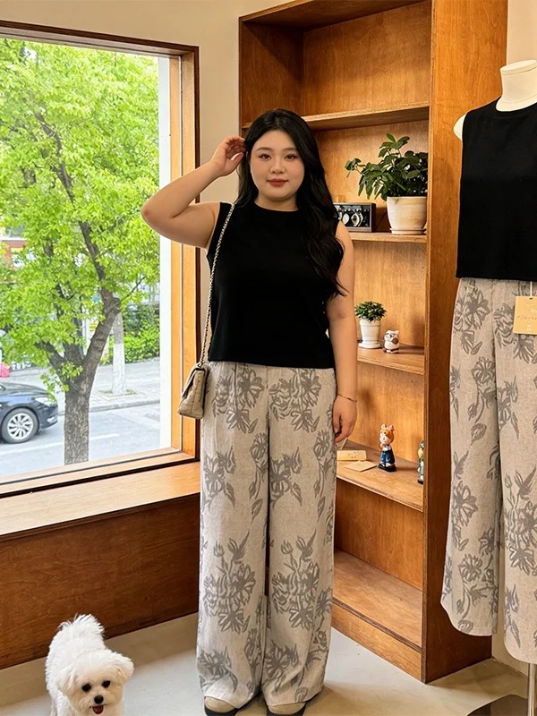 

plus Size Casual Floral Print Two-Piece Set Women's Summer New Style Sleeveless round Neck Tank Top Wide Leg Pants Ensemble