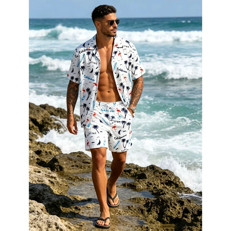 Conjunto de ropa hawaiana para hombre, camisa con cuello cubano y estampado de flamencos y palmeras, pantalones cortos con cintura elástica, informal y ligero para la playa