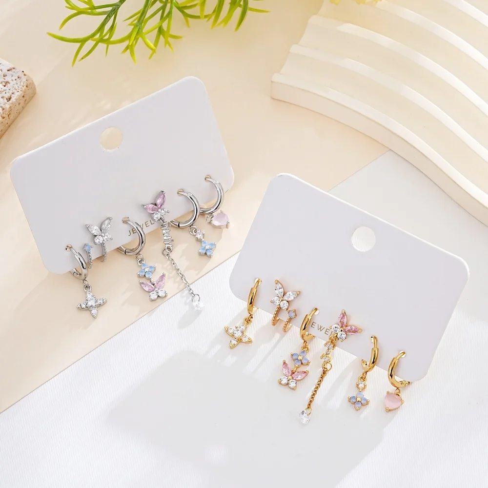 6PCS/Set New Sweet Butterfly Flower Dangle Earrings For Women Girls Zircon Tassel Hoop Earring Party Jewelry Gift
