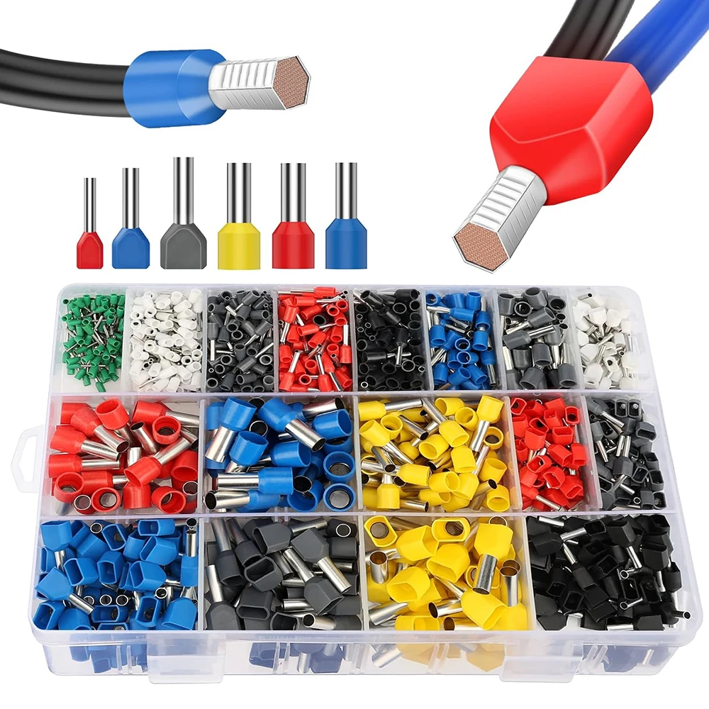 1200pcs Ferrule Terminal Kit, Insulated Ferrule Crimp Connectors Ends Terminals Pins, Double Wire,Single-Line Ferrules AGW 23-6