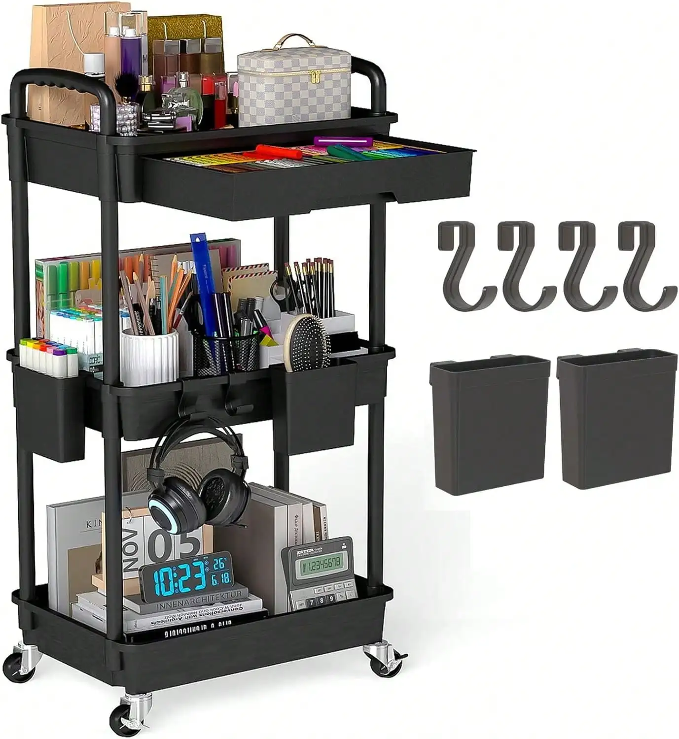 3 Tier Rolling Storage Cart Modern Black Utility Cart With Drawer Heavy Duty Plastic Metal Frame Mobile Organizer Rack Unit With Wheels Hanging Cups Hooks For Kitchen Bathroom Office Living Room Craft Room Housewarming Gift