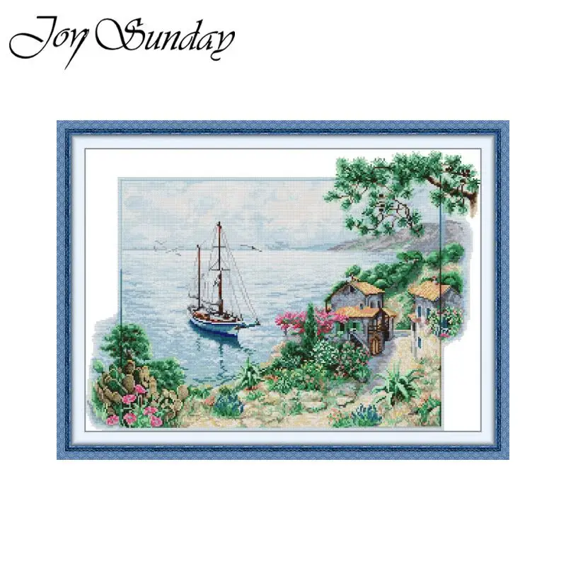 ジョイサンデー-クロスステッチキット-diy-生地-16-14-11ct-diy-刺繍縫製セット-海のそばにある小さな漁村の絵画