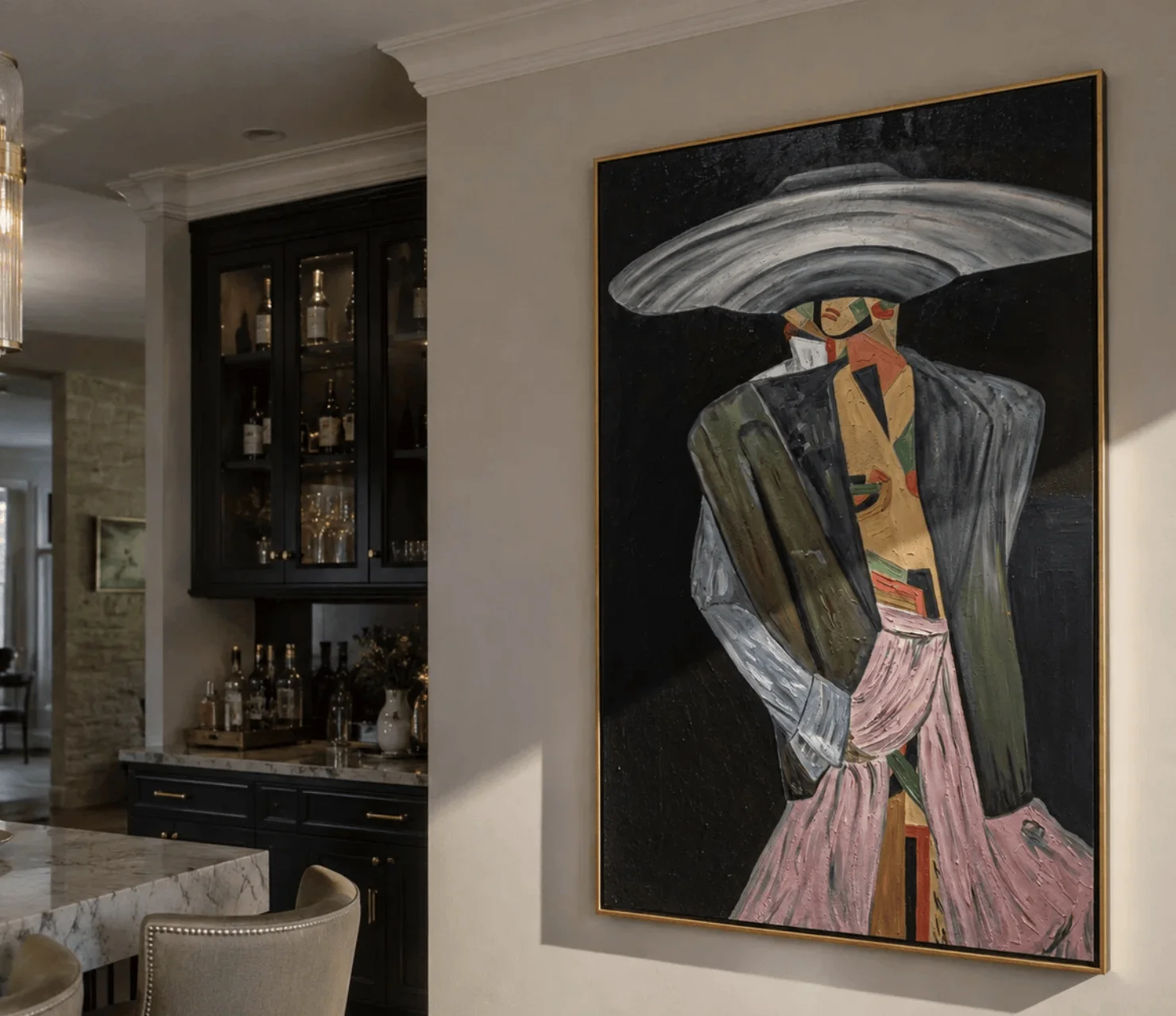Silver Brim Takes Stage – Gray Fashion Figure Painting Retro Modern Vertical Wall Art Canvas Prints Posters Home Decor