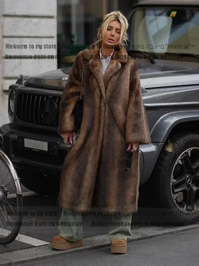 Coat Fluffy Plush Warm New Thicken Outerwear Dark Brown Faux Fur Long Overcoat Single Breasted Fleece Long Trench