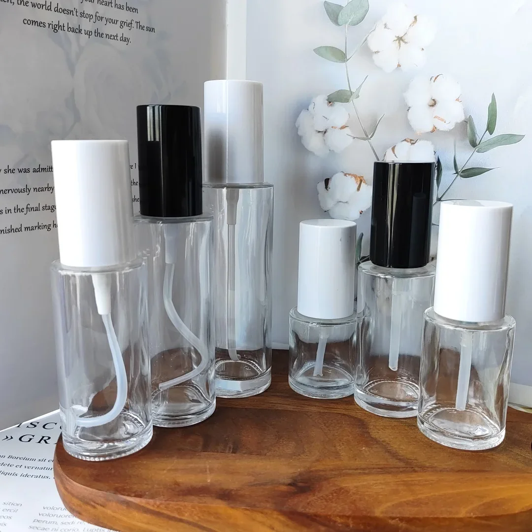 

Clear Glass Bottles with Black White Plastic Lid Women Perfume Cosmetics Argan Oil Jars Vials Lotion Pump Bottle spary bottle
