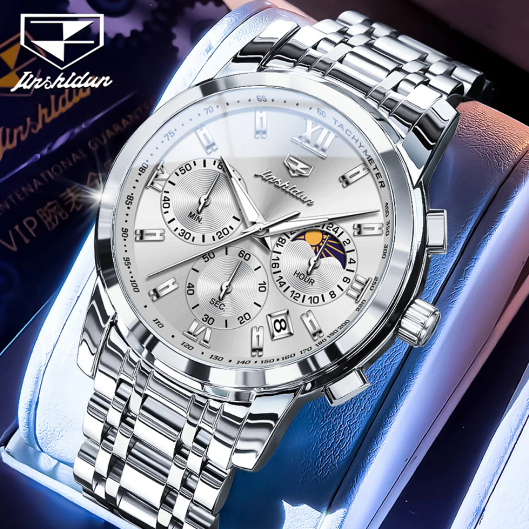 

JSDUN 8985, кварцевые модные часы, подарок, ремешок для часов из нержавеющей стали, наручные часы с круглым циферблатом, календарь фазы Луны, светящийся маленький второй